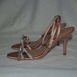 Sz 37.5  Gedebe Cecile Satin Nude Rhinestone Bow Detail 3.5" Strappy Heels
